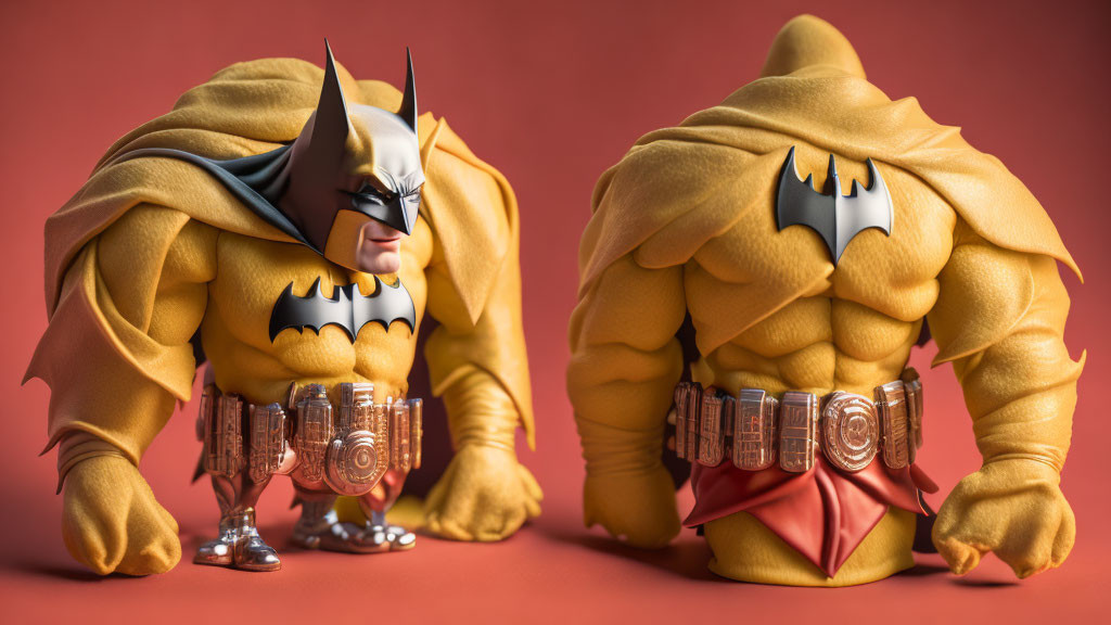 Stylized Batman action figures with exaggerated muscles on red background