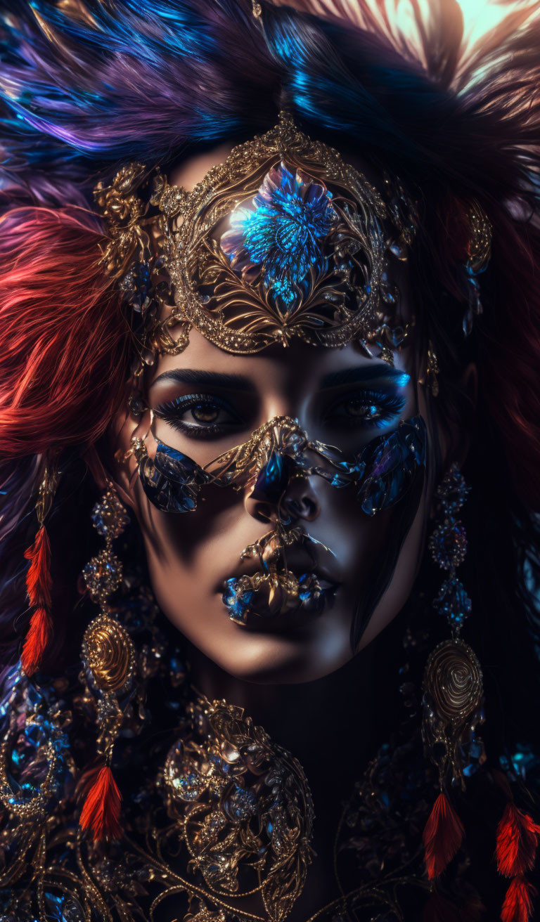 Feathered and jeweled headpiece with ornate mask-like facial adornment