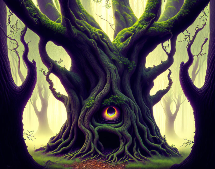 Ancient tree in mystical forest with luminous eye