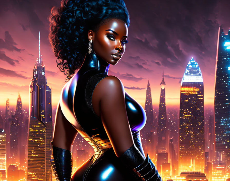 Dark-haired woman in futuristic black outfit against neon cityscape at dusk