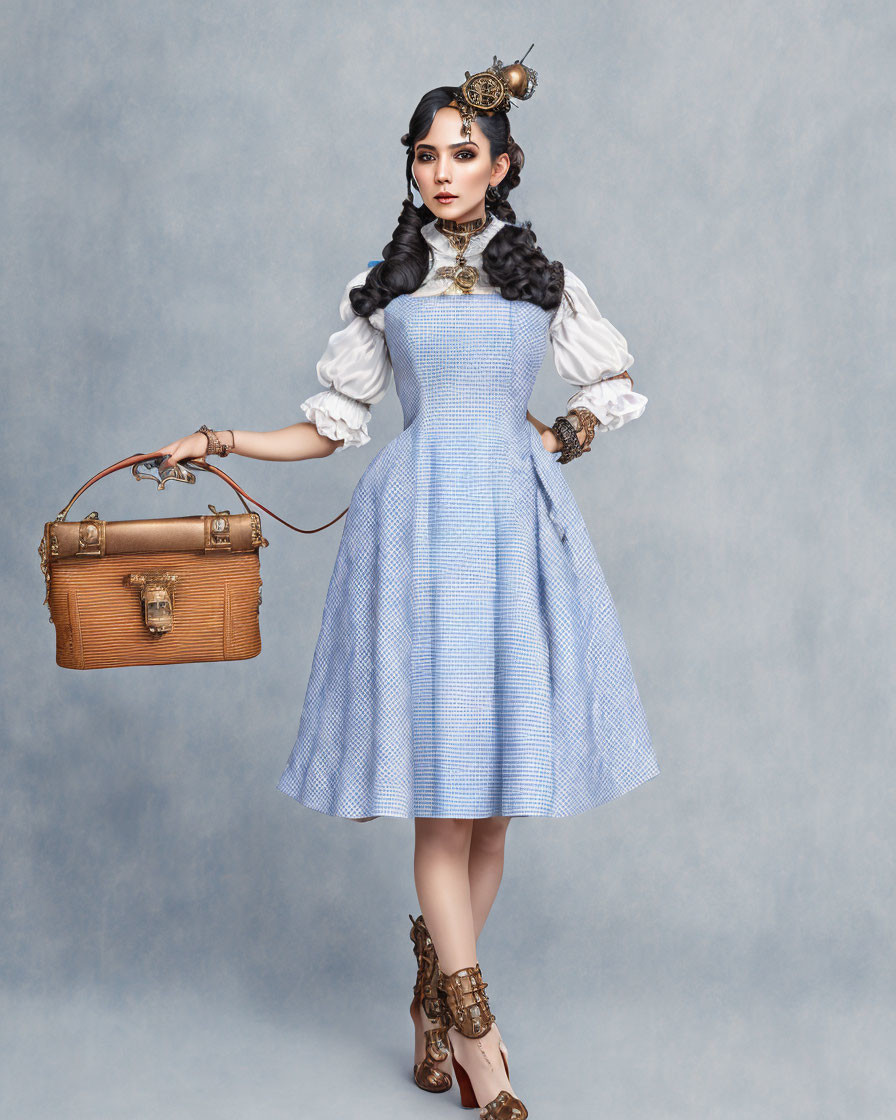 Steampunk-inspired woman in blue and white dress with gear-adorned hat holding a brown suitcase