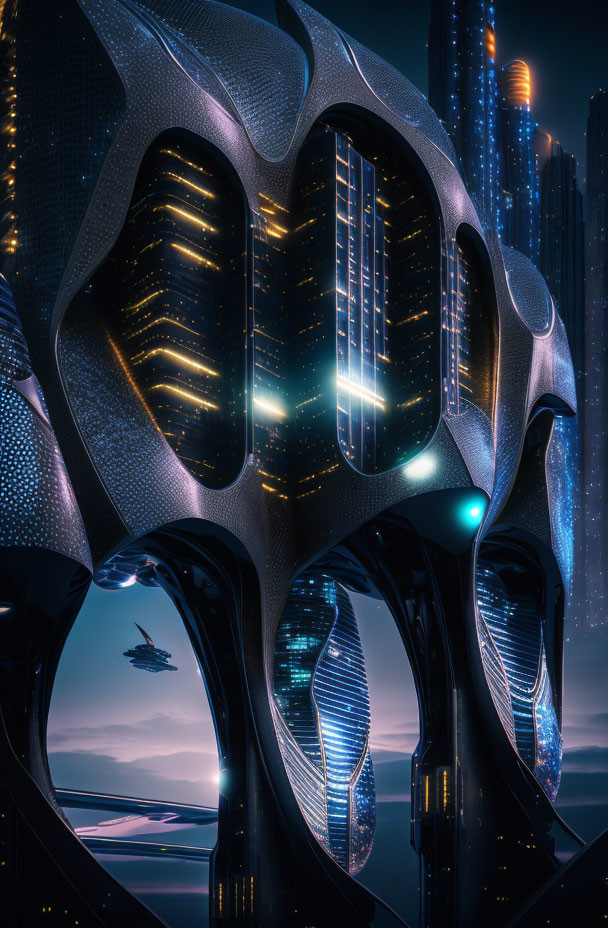 Futuristic night cityscape with organic-shaped buildings and spaceship near glowing tower