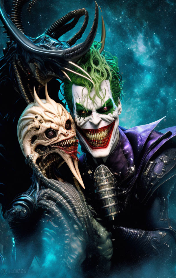 Purple Joker and Creature in Cosmic Setting with Menacing Smiles