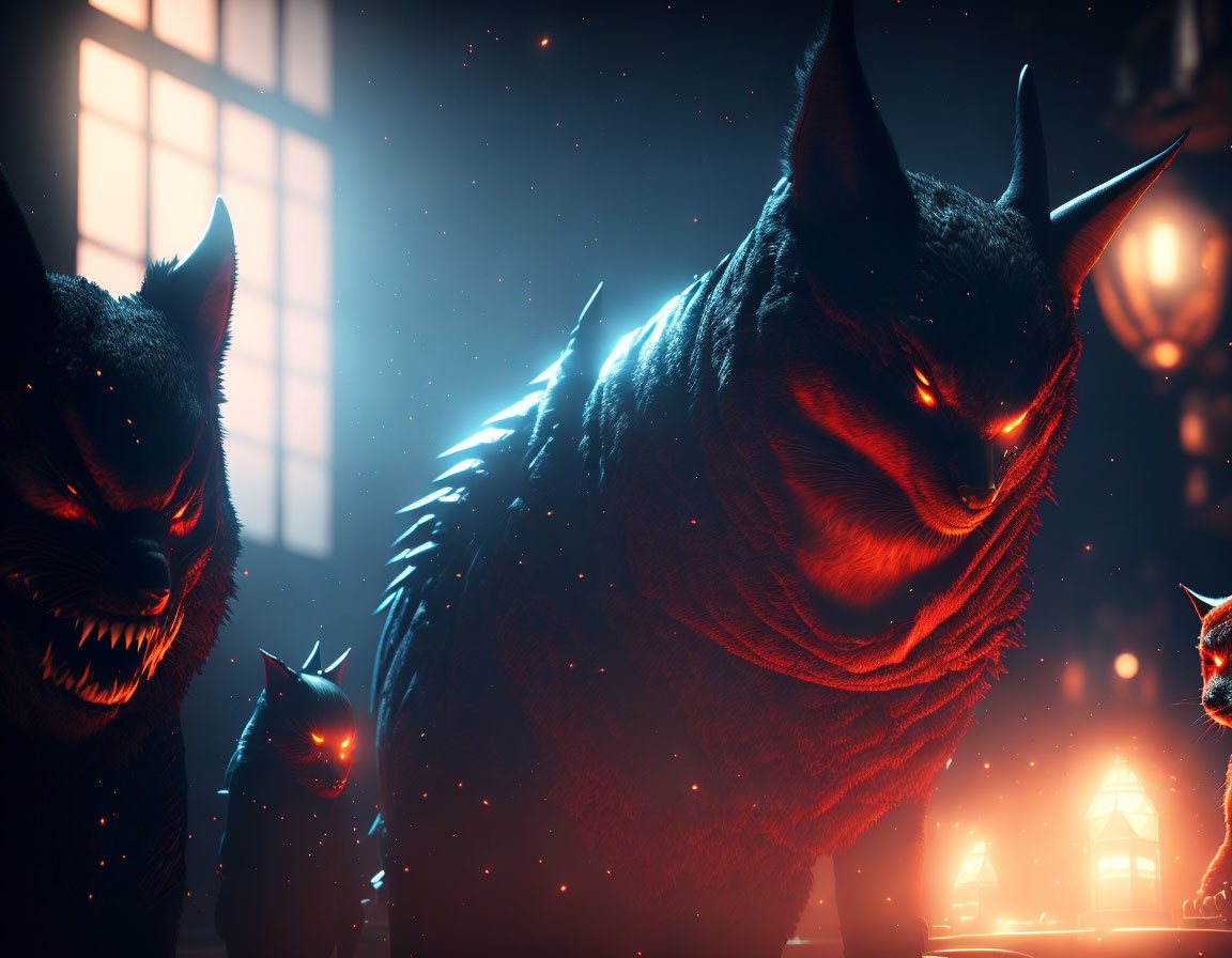 Glowing-eyed oversized cat creatures in dark room with fire