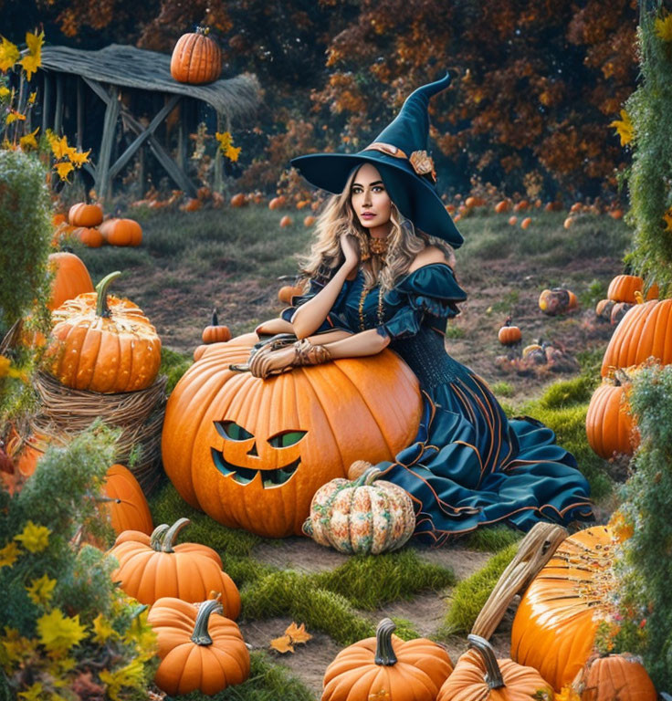 Woman in witch costume with pumpkins and jack-o'-lantern in autumn scene