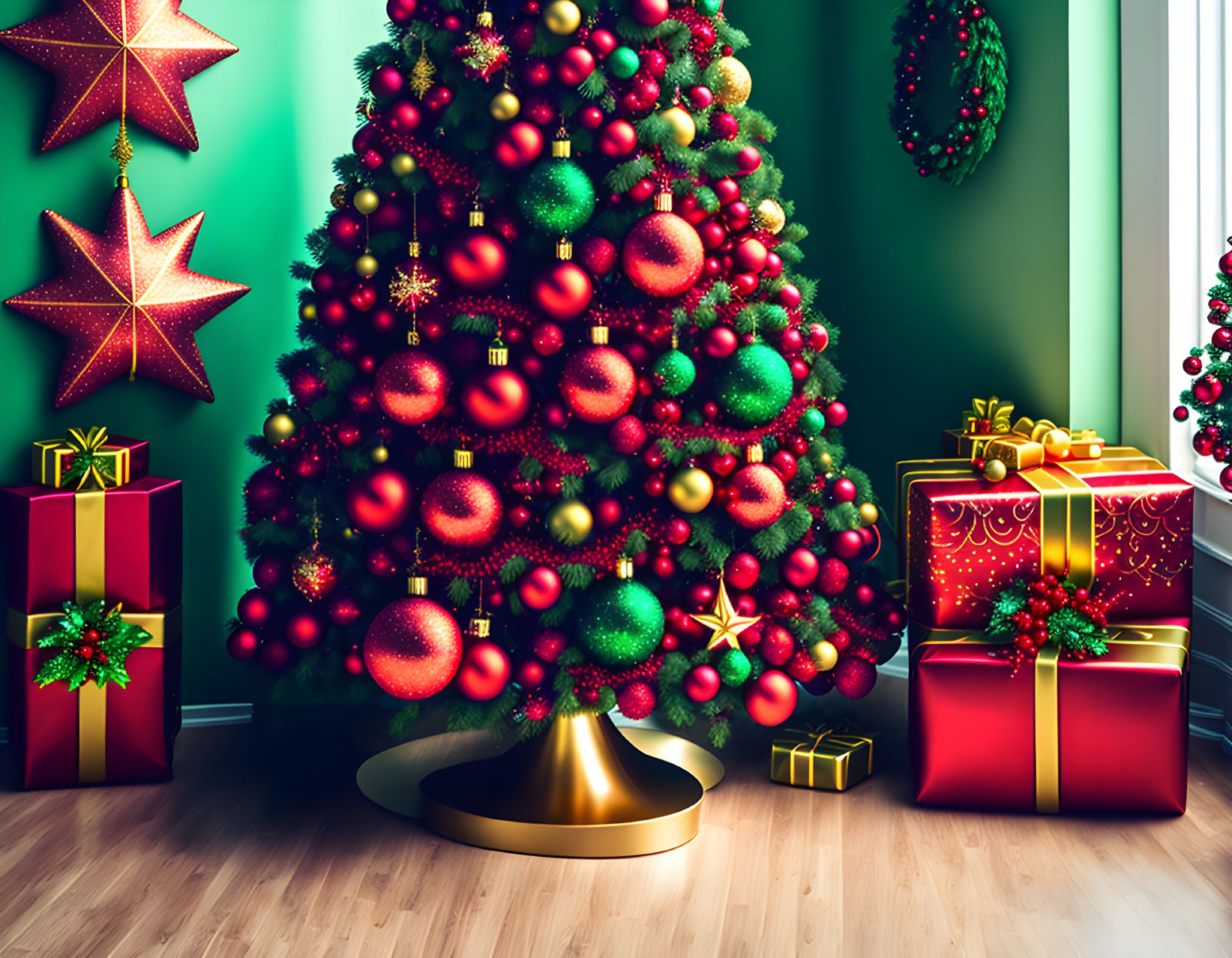 Festive Christmas tree with gifts in green room with red star decorations