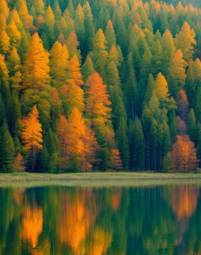 Tranquil lake reflects autumn trees with golden and green leaves