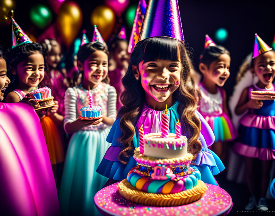 Kids in party hats celebrate with cake and cupcakes