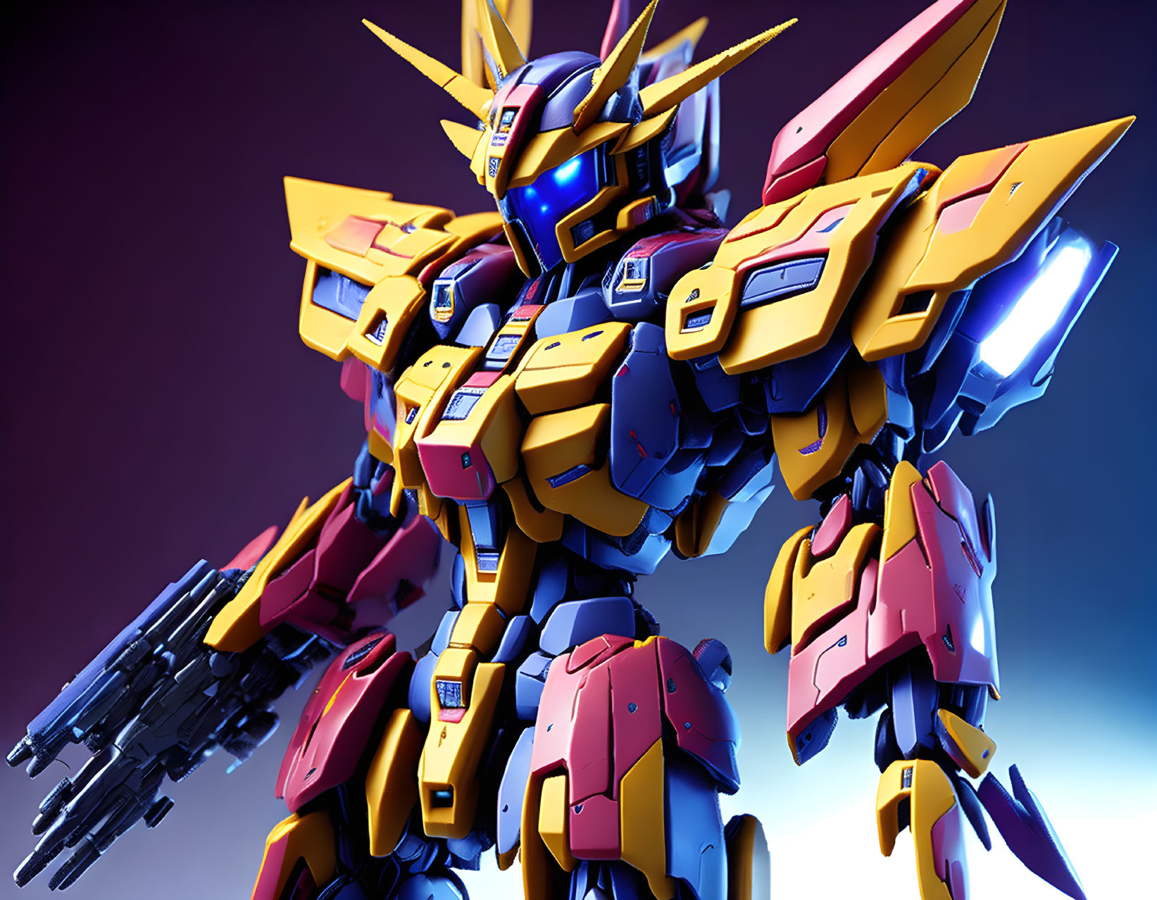 Colorful Purple and Gold Mech Robot with Large Shoulder Pads and V-Fin