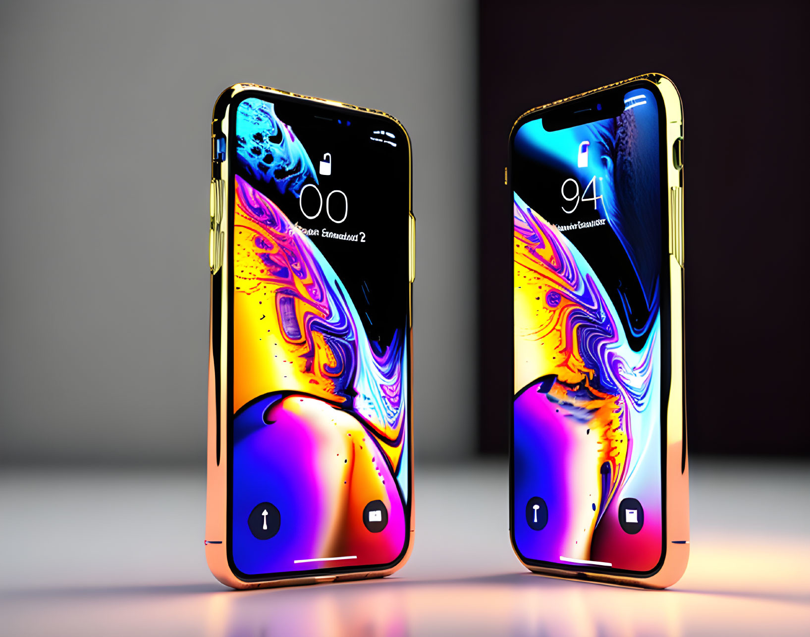 Gold-Edged Smartphones Displaying Abstract Wallpapers upright