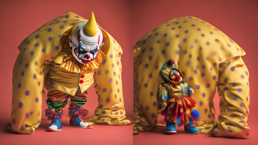 Dramatic makeup clowns in contrasting sizes on red background