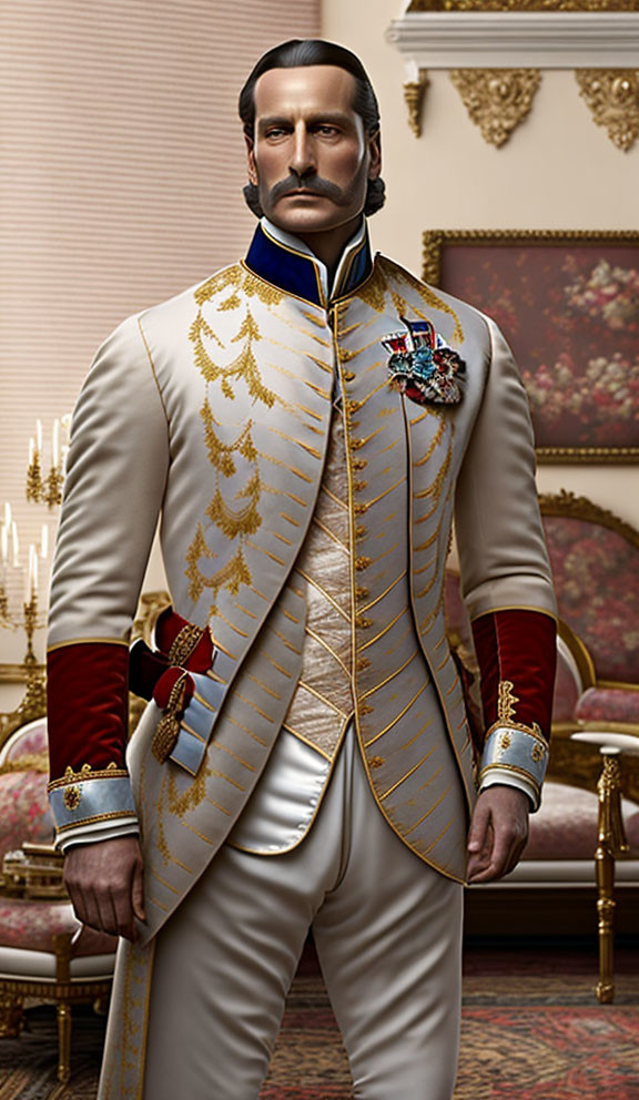 Man in royal uniform with golden embroidery in opulent room