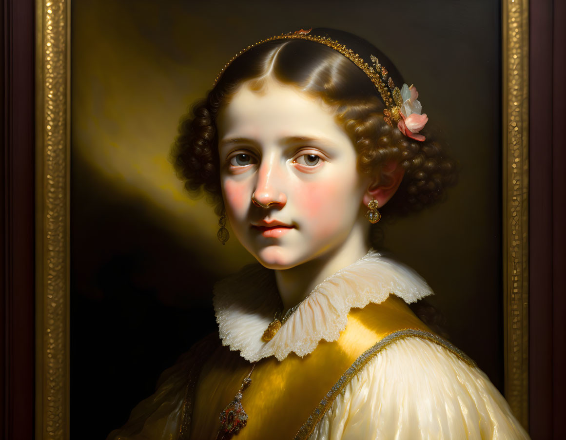 Young woman with curly hair in yellow dress and pearl headband - classic oil portrait in elegant frame and