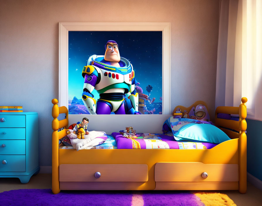 Colorful child's bedroom with Buzz Lightyear poster, toy-themed bedding, and matching side table