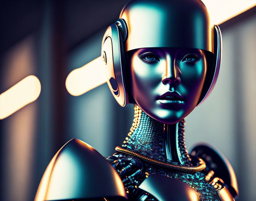 Detailed Futuristic Female Robot with Glossy Metal Surfaces