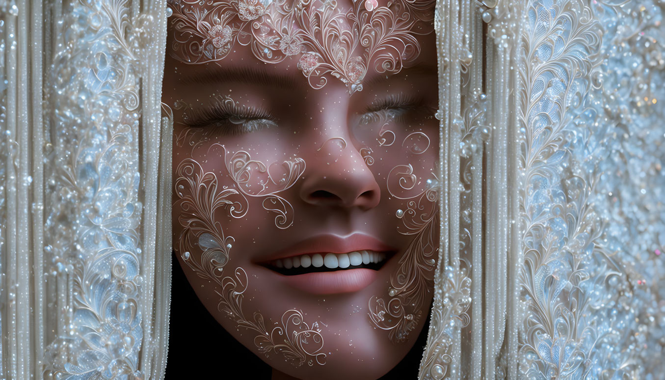 Smiling woman peeking through ornate lace curtains