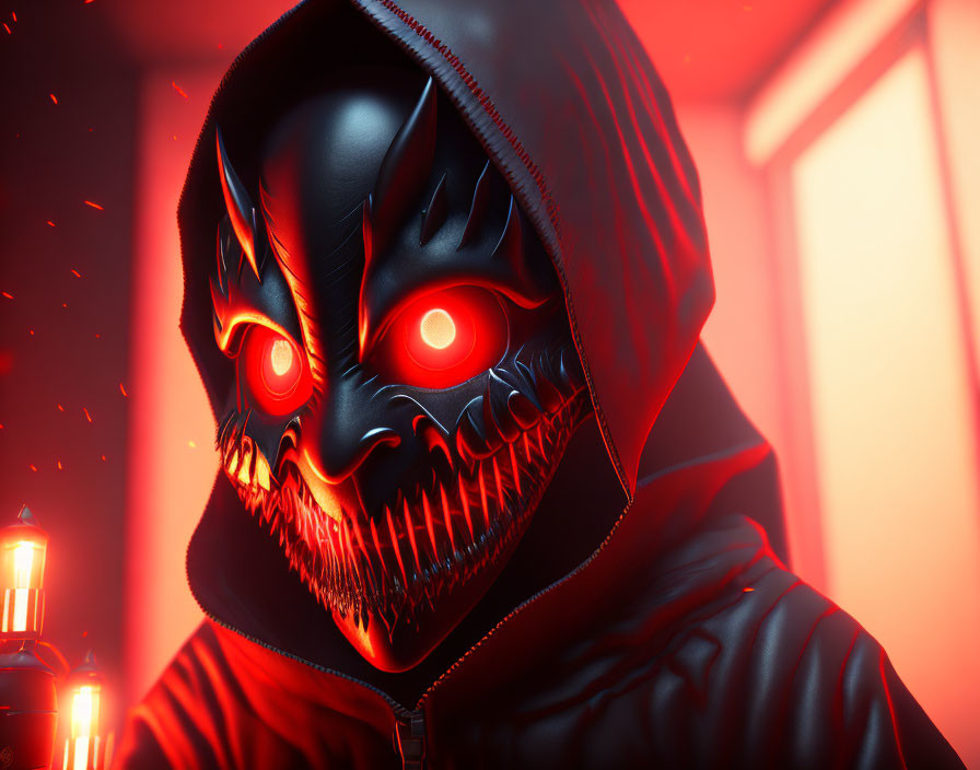 Menacing figure in black hoodie with glowing red eyes and sharp teeth holding lantern against red-lit background