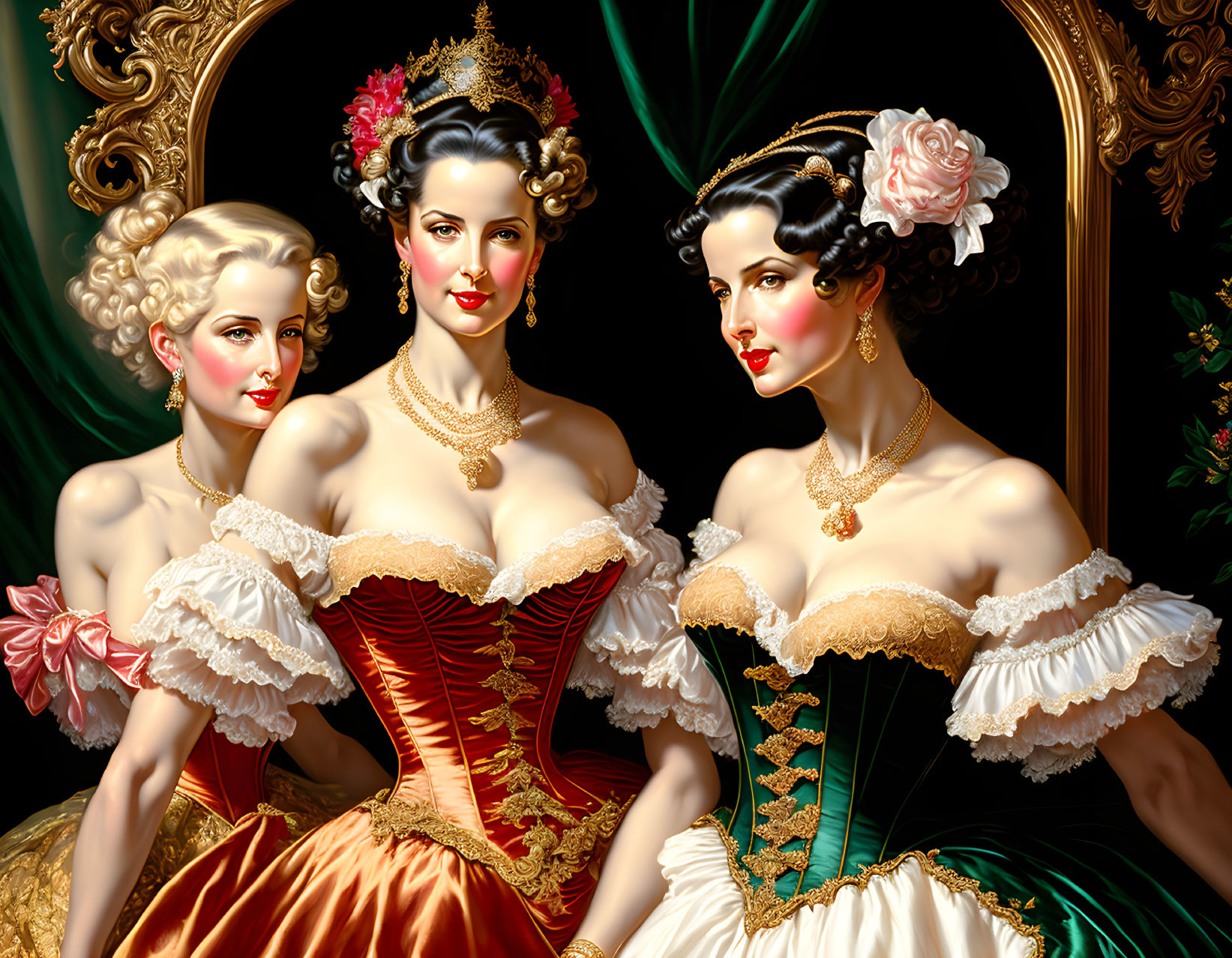 Three women in historical dresses with corsets, roses, pearls, and elaborate hairstyles posing against floral backdrop