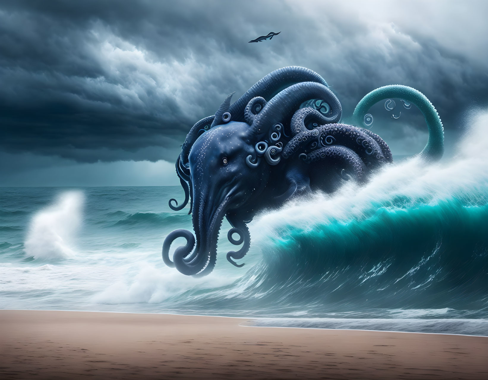 Giant octopus in stormy sea with lone bird