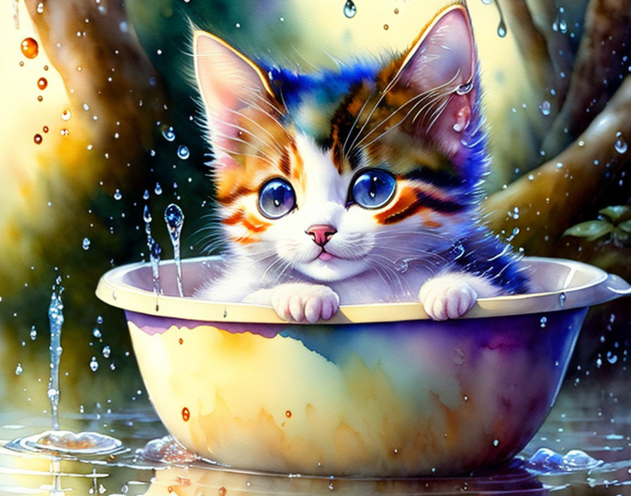 Colorful Animated Kitten in Tub with Nature Backdrop