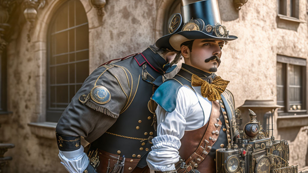 Steampunk man in top hat and goggles against old building