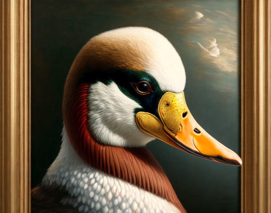 Vibrant Duck Portrait in Ornate Frame on Dark Background