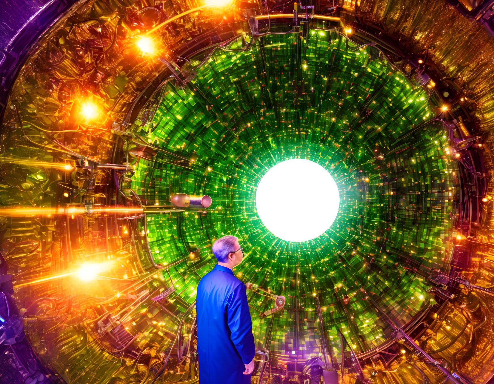 Person in Blue Lab Coat Observing High-Tech Circular Device