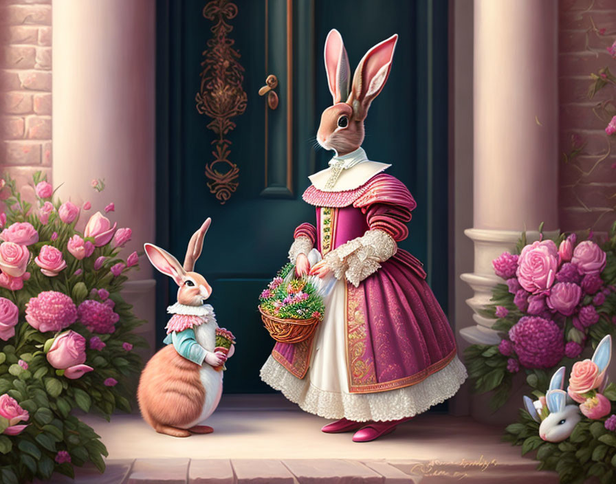 Victorian attire anthropomorphic rabbits with flowers by floral doorway