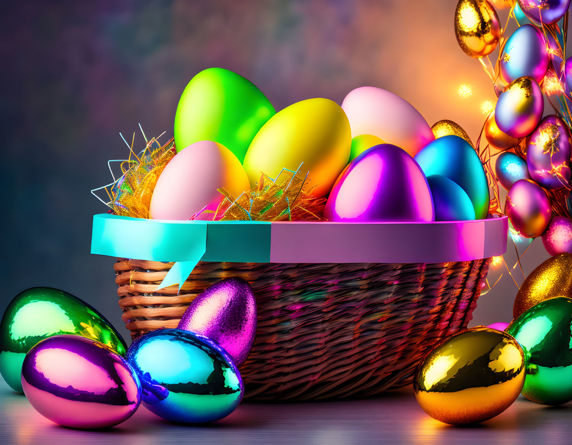 Colorful Easter Egg Basket with Metallic Eggs and Sparkling Lights on Pastel Background