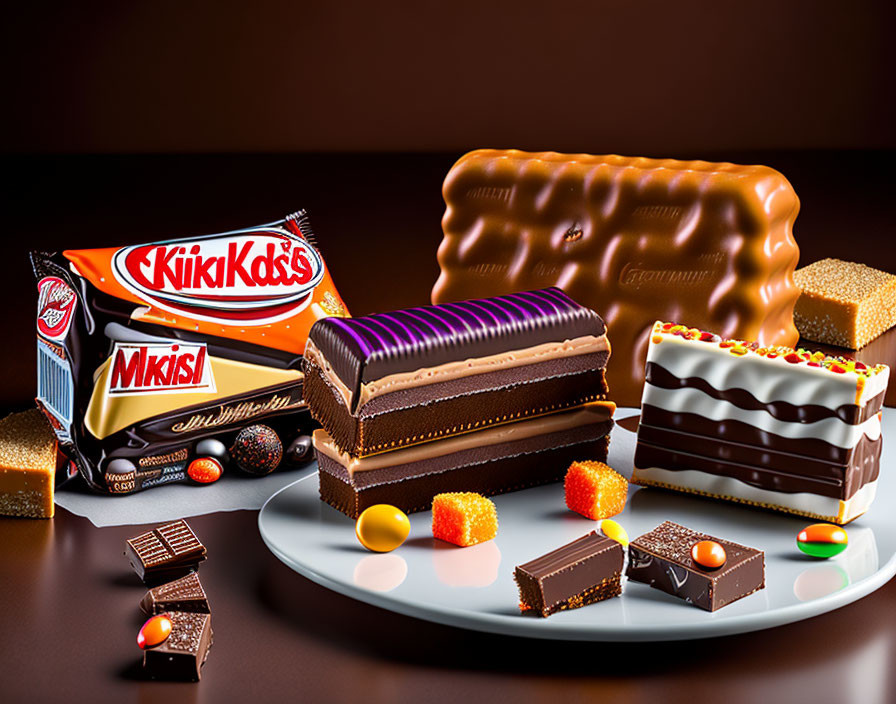 Assorted chocolates and candies with branded wrappers on plate