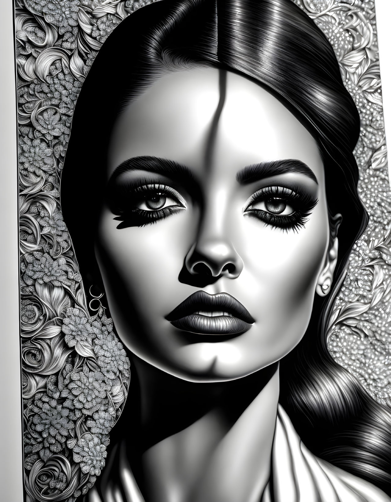 Detailed Monochromatic Digital Portrait of Woman with Symmetrical Features and Floral Background