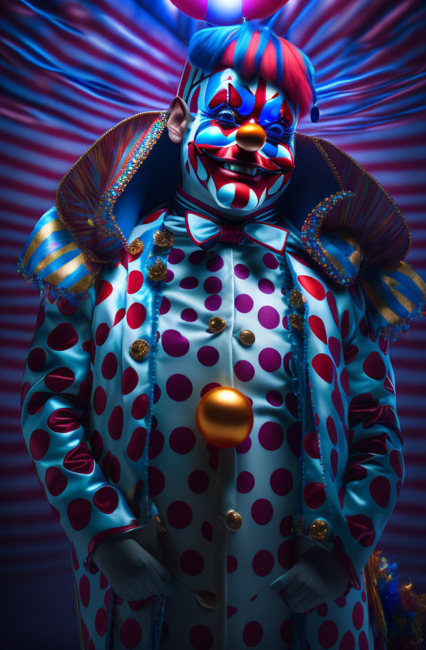 Menacing clown in polka dot costume with sinister grin under blue lighting