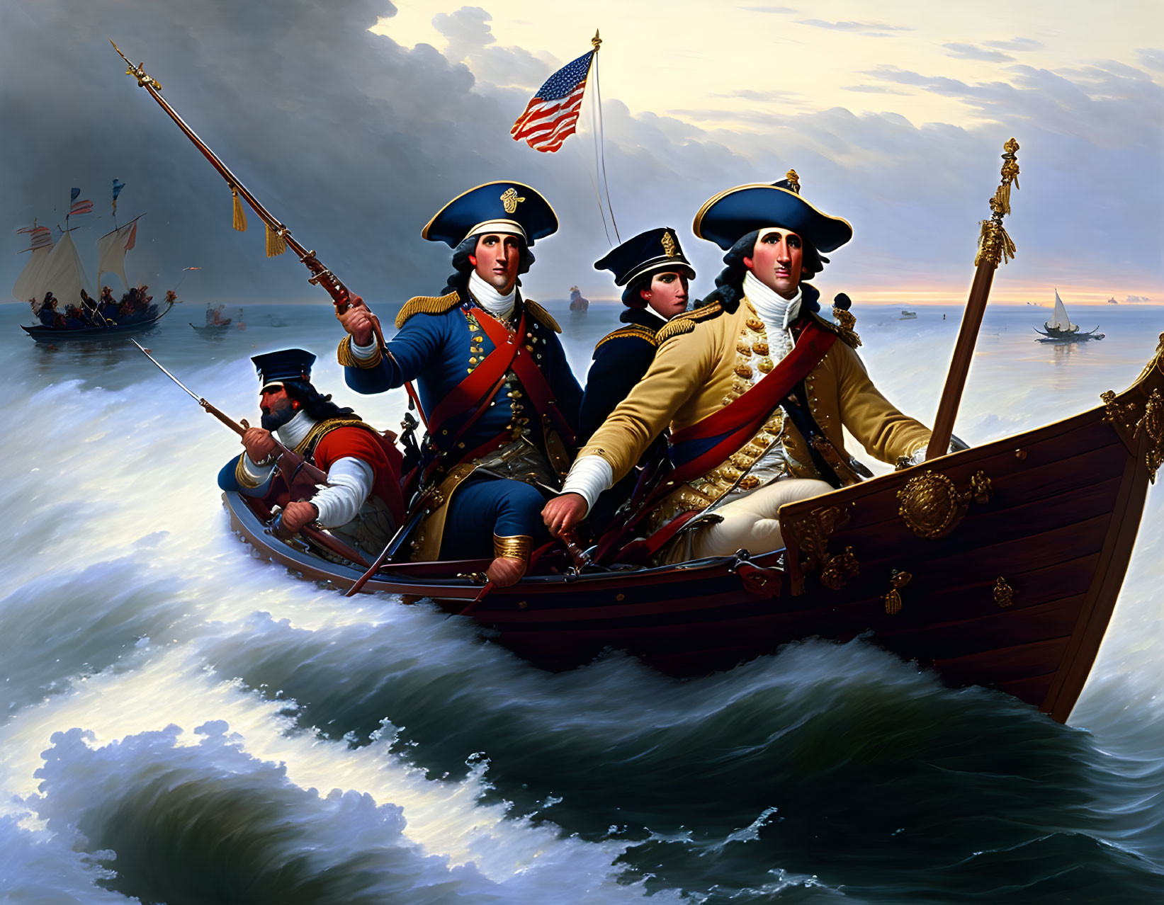 Revolutionary-era military group rowing on choppy seas with American flag