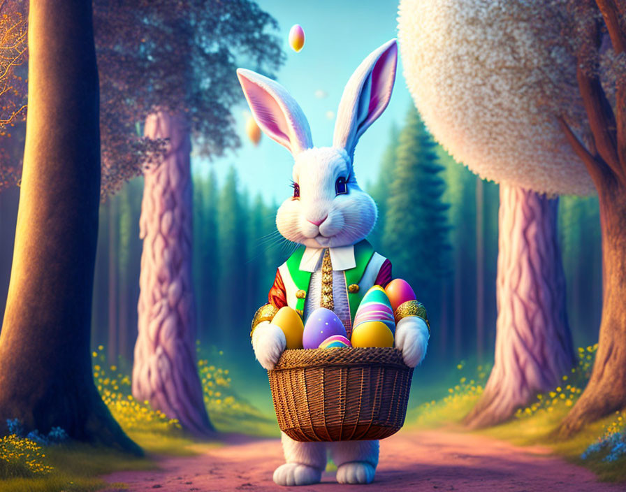 Whimsical Easter bunny with colorful eggs in forest landscape