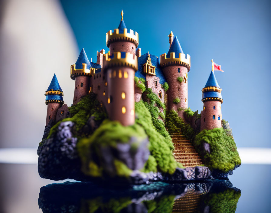 Miniature fairy tale castle on rock with turrets and flags in lush green setting.