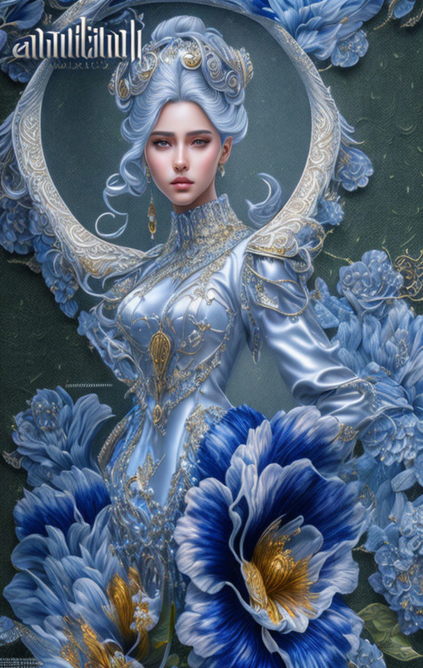 Digital artwork: Woman with silver hair, gold accessories, blue dress, amidst blue flowers