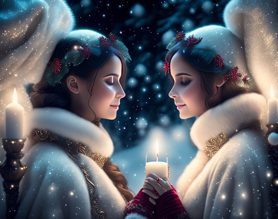 Two women in winter cloaks with holiday wreaths holding candles in snowy scene