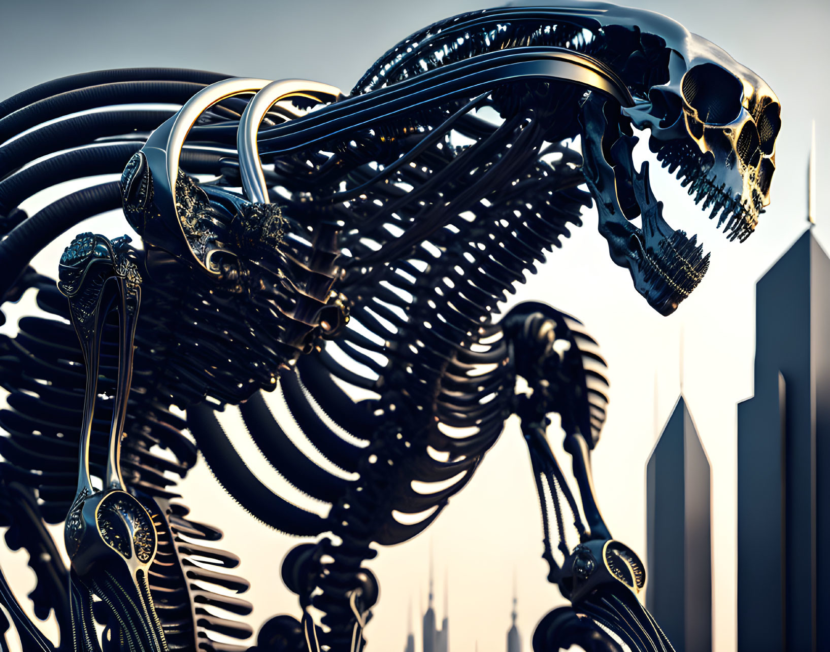 Detailed mechanical skeleton against urban skyline at dusk