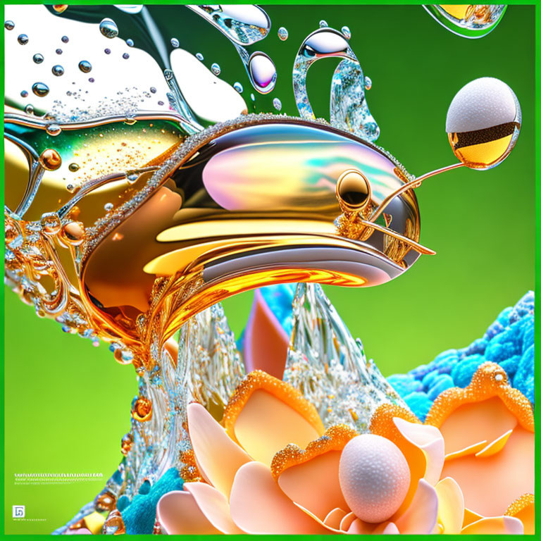 Colorful digital artwork: surreal scene with glossy spheres, water droplets, and abstract florals on