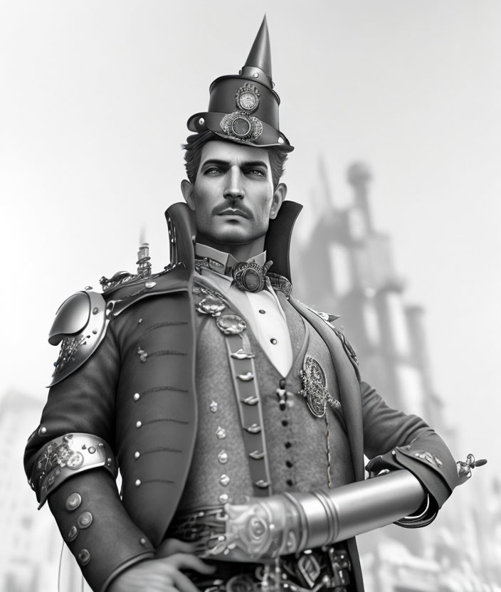 Stylized 3D Render of Man in Steampunk Military Uniform