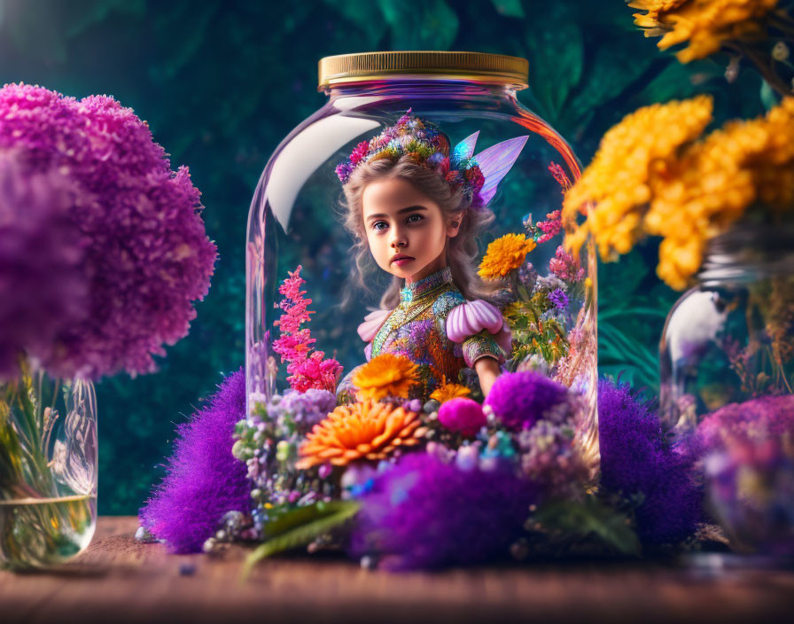 Colorful fairy doll in glass jar among vibrant flowers and lush greenery