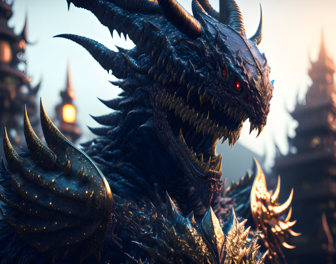 Blue dragon with spikes and red eyes in front of Asian temple at dusk