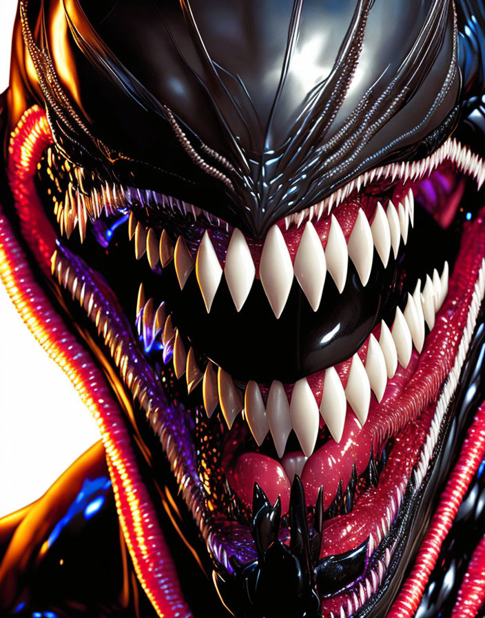 Menacing alien creature with black exoskeleton and sharp teeth in vibrant colors