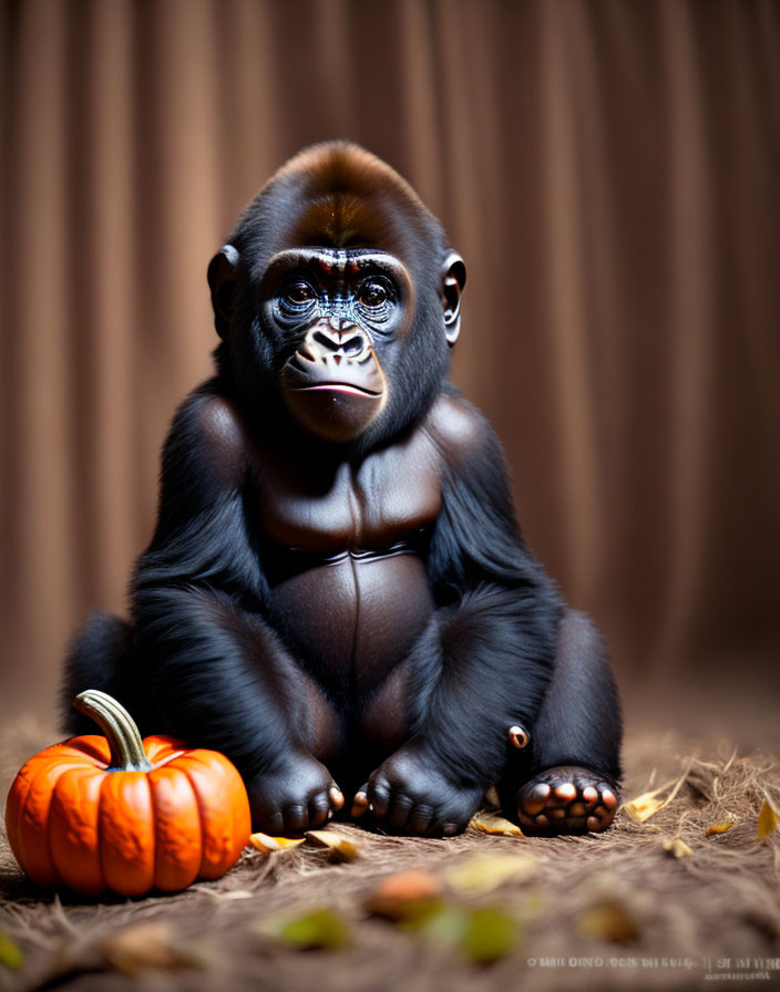 Young gorilla sitting on straw with pumpkin on brown backdrop