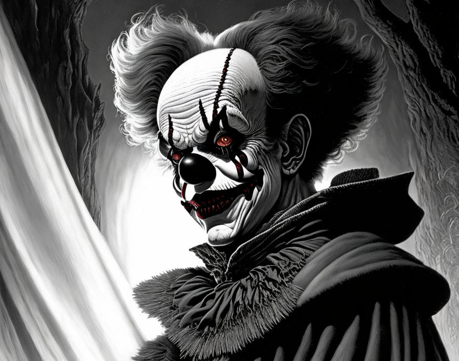 Monochrome image of menacing clown with wild hair & exaggerated features