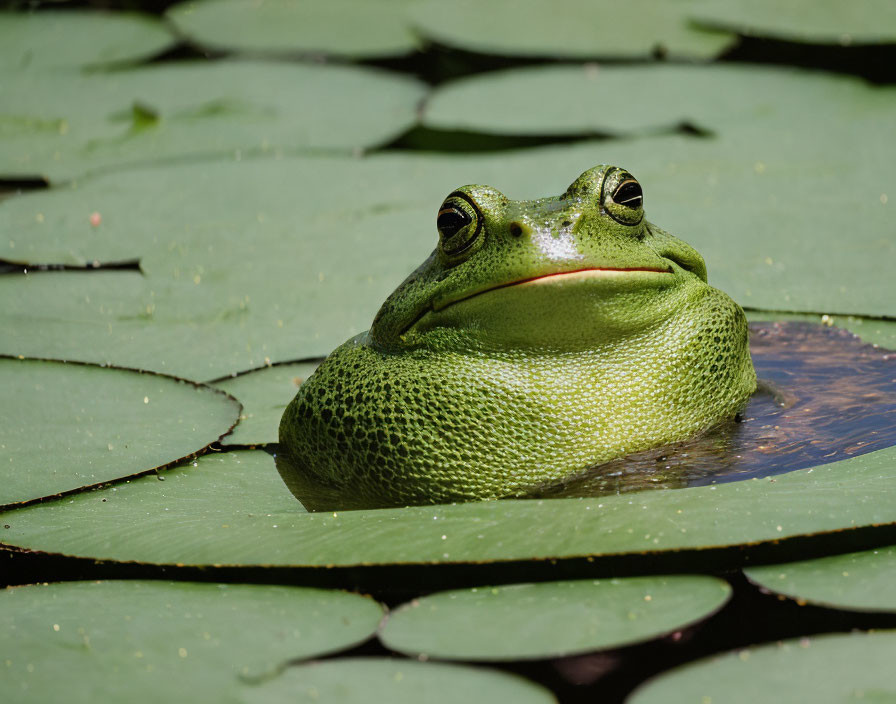 Green frog on water lily pad surrounded by others