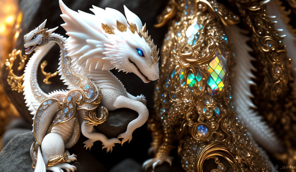 White Dragon Figurine with Blue Eyes Next to Golden Artifact with Multicolored Gem