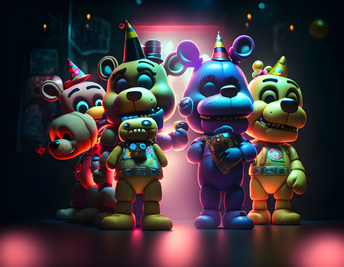 Colorful Neon-Lit Room with Party Hat-Wearing Anthropomorphic Animals