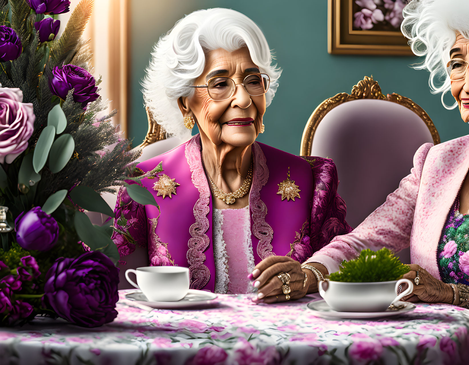 Elderly animated ladies in purple and pink outfits at tea time