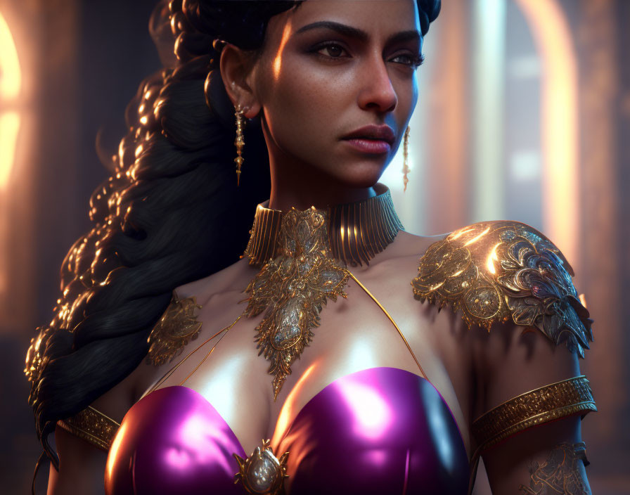 Digital artwork of woman in gold armor with purple accents